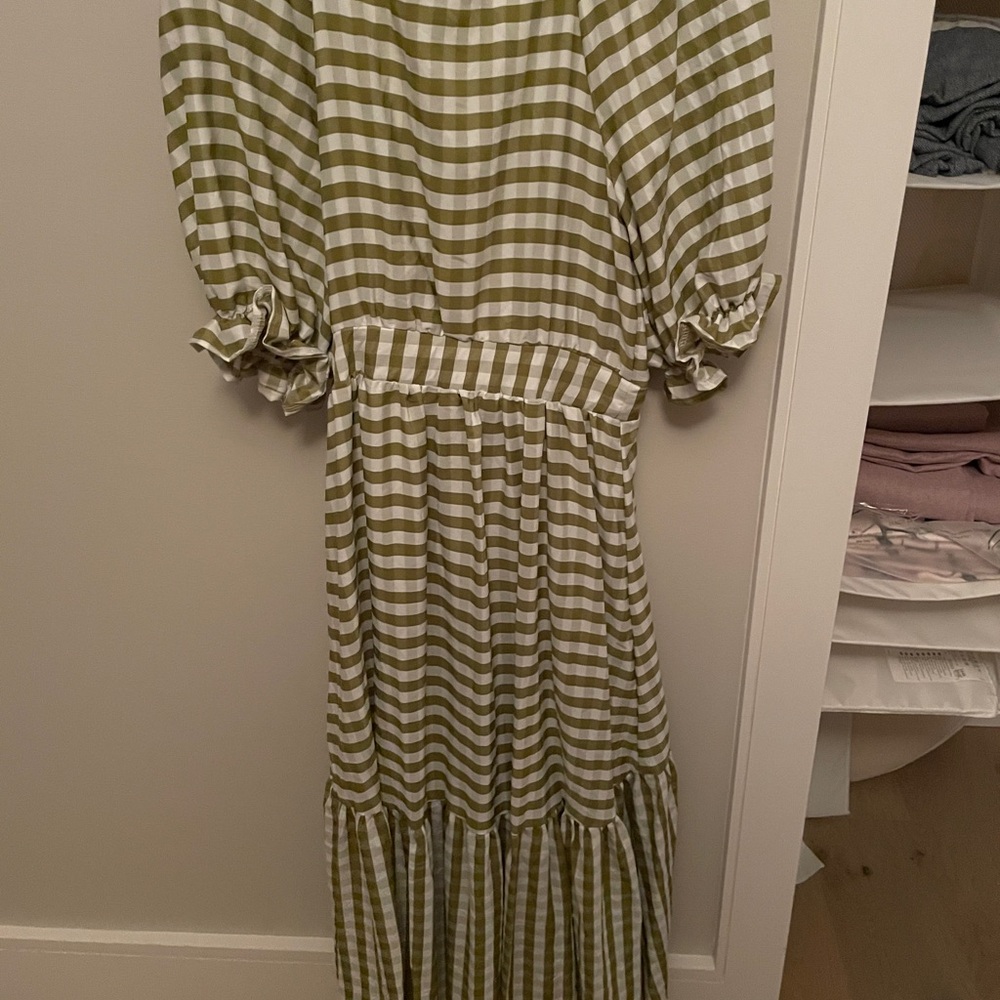Green and White Striped Wrap Dress - puff sleeves and ruffle hem - Picture 3 of 4